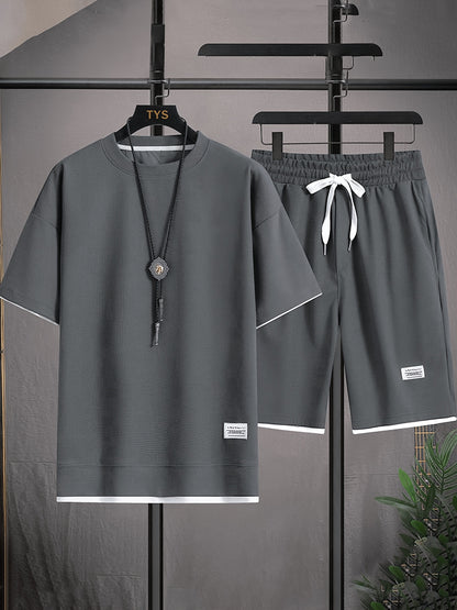 Men'S Summer Casual Sportswear Set, Round Neck Short Sleeve T-Shirt And Drawstring Shorts