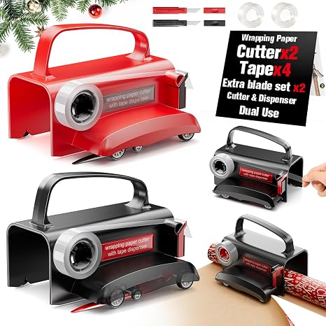 Dual Use Gift Wrap Cutter Tape Dispenser Kit, Portable Sliding Wrapping Paper Slicer