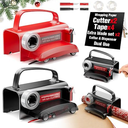 Dual Use Gift Wrap Cutter Tape Dispenser Kit, Portable Sliding Wrapping Paper Slicer