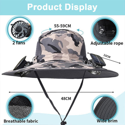 Wide Brim Solar Fan Outdoor Fishing Hat-Solar & USB Charging