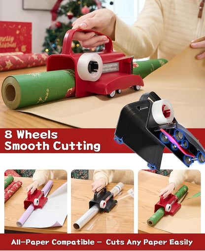Dual Use Gift Wrap Cutter Tape Dispenser Kit, Portable Sliding Wrapping Paper Slicer