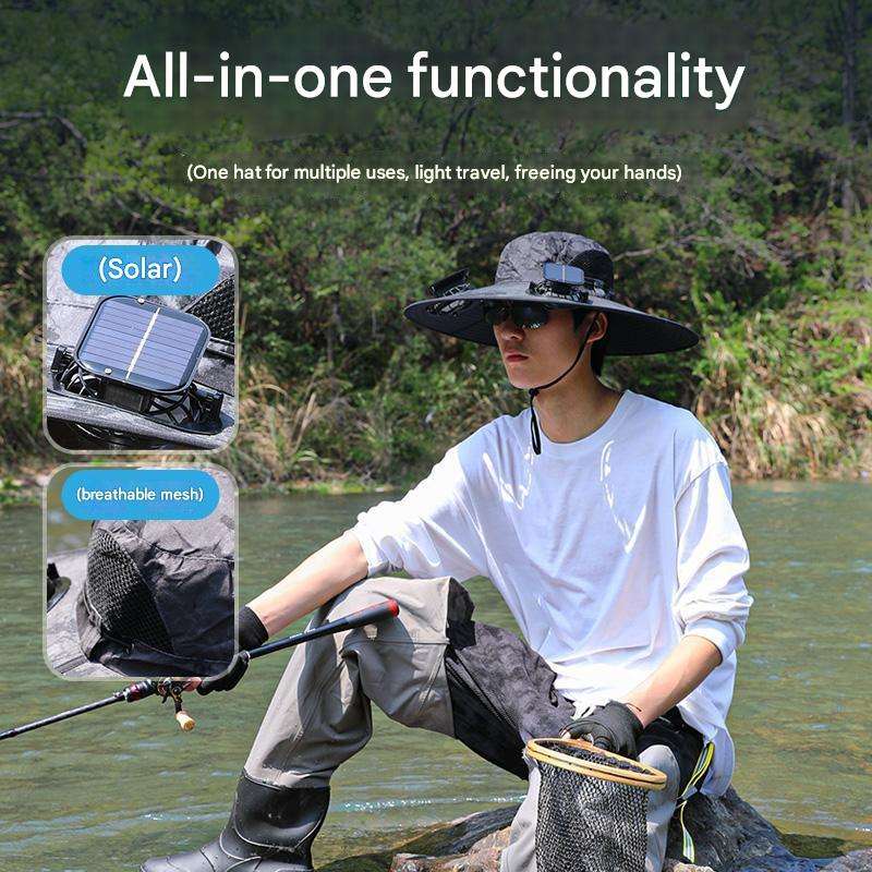 Wide Brim Solar Fan Outdoor Fishing Hat-Solar & USB Charging
