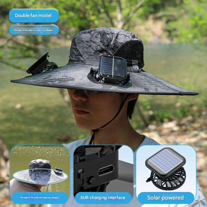 Wide Brim Solar Fan Outdoor Fishing Hat-Solar & USB Charging
