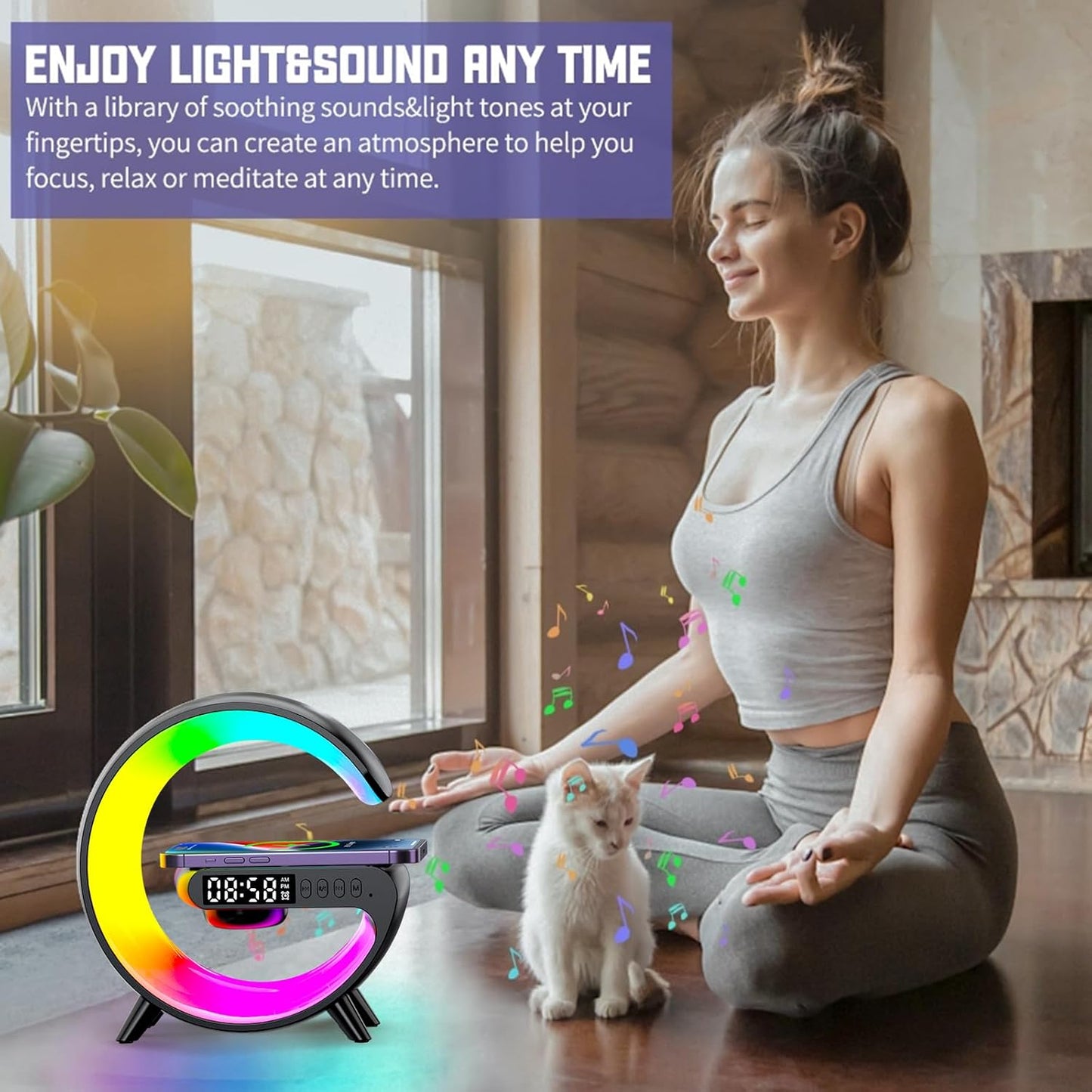 🔥Multifunctional Bluetooth Speaker-Colorful Atmosphere Light Wireless Charging and Clock All-in-one Machine