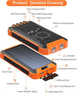 Wireless Charger Solar Power Bank Built-in Cables Waterproof/Shockproof