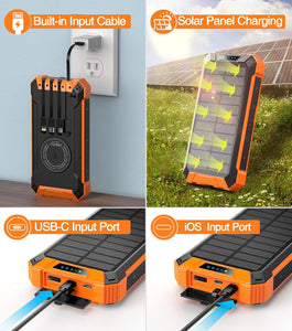 Wireless Charger Solar Power Bank Built-in Cables Waterproof/Shockproof