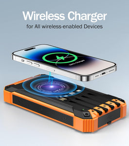Wireless Charger Solar Power Bank Built-in Cables Waterproof/Shockproof