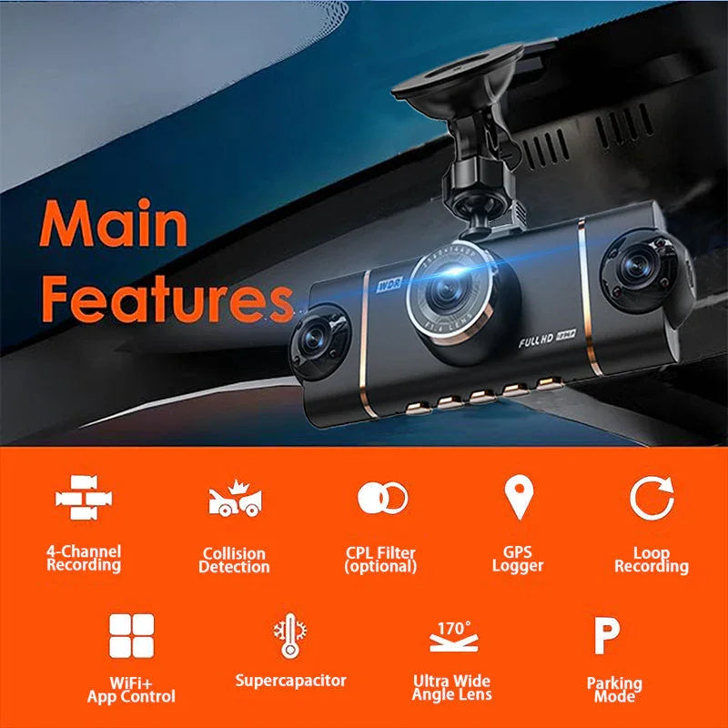 🚗4-Channel HD Dashcam with Front Interior Rear Recording🎥