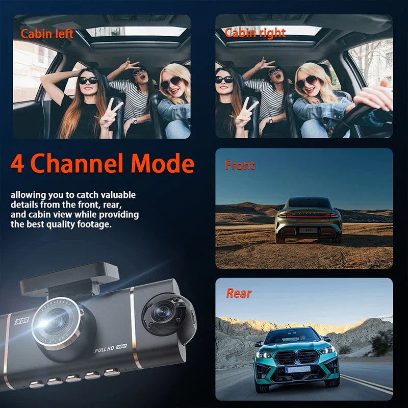 🚗4-Channel HD Dashcam with Front Interior Rear Recording🎥