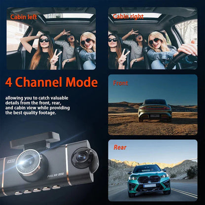 🚗4-Channel HD Dashcam with Front Interior Rear Recording🎥