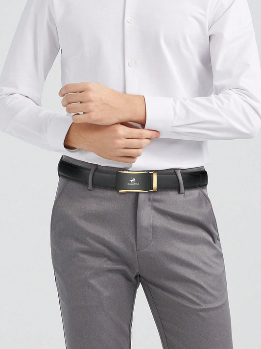 Men's leather belt with automatic buckle (gold buckle)