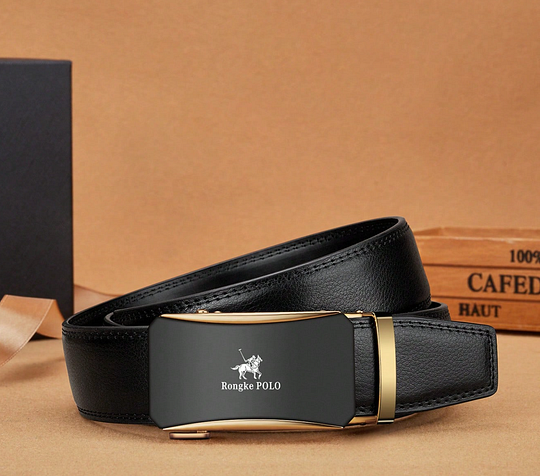Men's leather belt with automatic buckle (gold buckle)