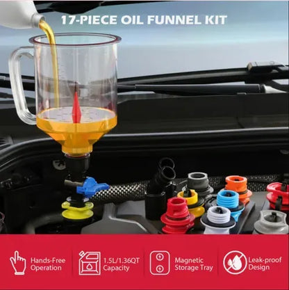 17-Piece Engine Oil Funnel Set, 1.36 qt Automotive Oil Funnel Kit with 12 Adapters