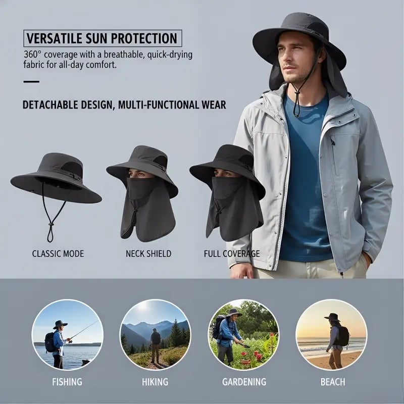 🌞Spring/Summer Fisherman's Hat Detachable Outdoor Sun-Protective Face Covering🏕️ (Adjustable & Lightweight Comfort & Unisex Fit）