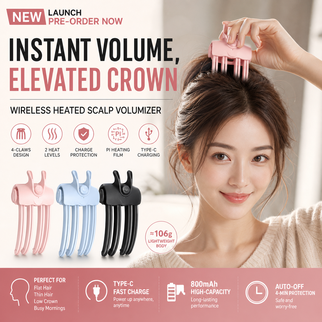 Wireless Heated Volumizing Root Lift Clip, Portable Travel Hair Styling Tool for Flat Fine Hair