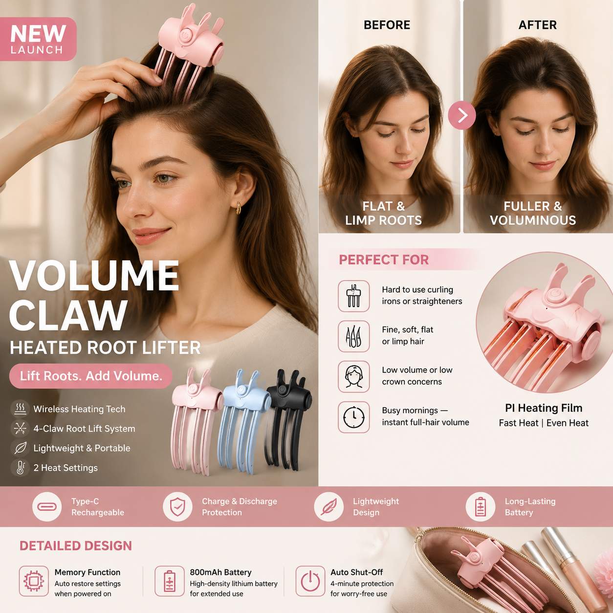 Wireless Heated Volumizing Root Lift Clip, Portable Travel Hair Styling Tool for Flat Fine Hair