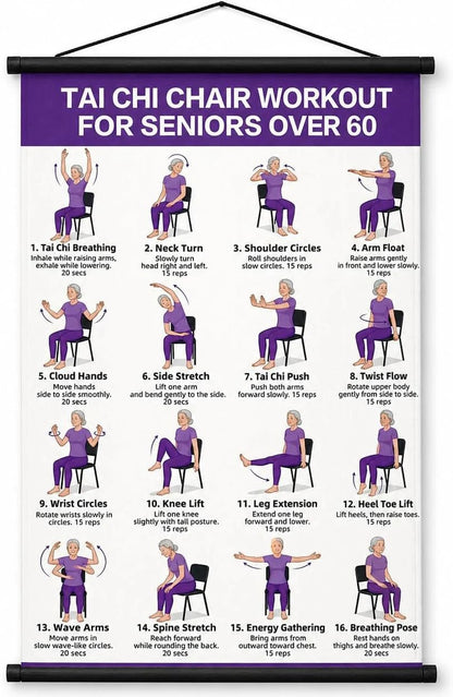Tai Chi Chair Workout For Seniors Over 60 Chart, Seated Exercises for Beginners and Seniors Poster, Poster