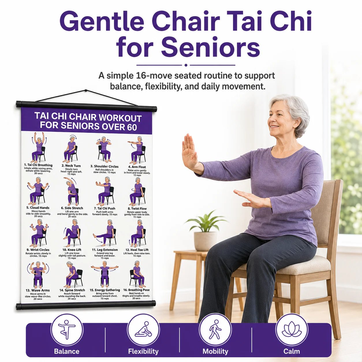 Tai Chi Chair Workout For Seniors Over 60 Chart, Seated Exercises for Beginners and Seniors Poster, Poster