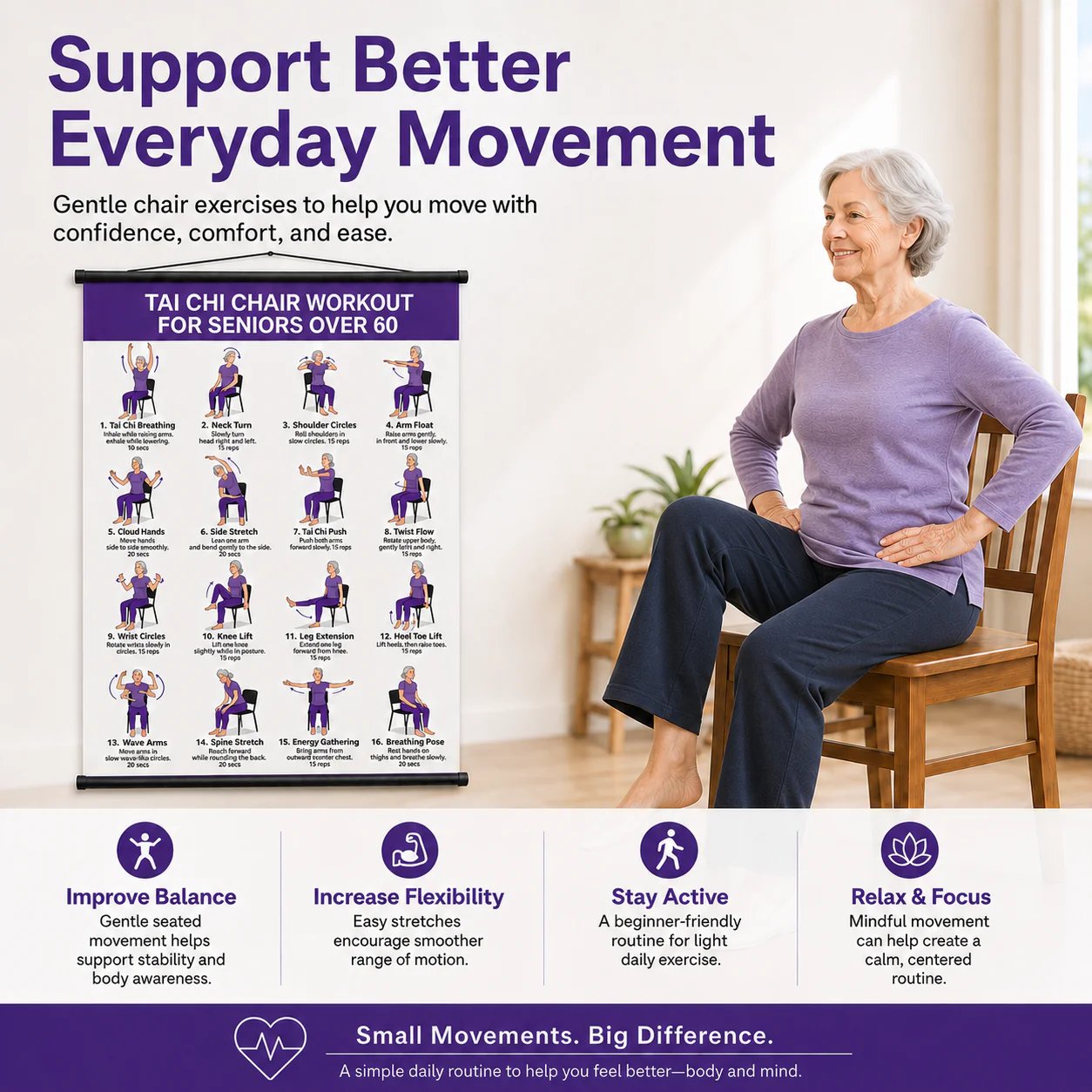 Tai Chi Chair Workout For Seniors Over 60 Chart, Seated Exercises for Beginners and Seniors Poster, Poster