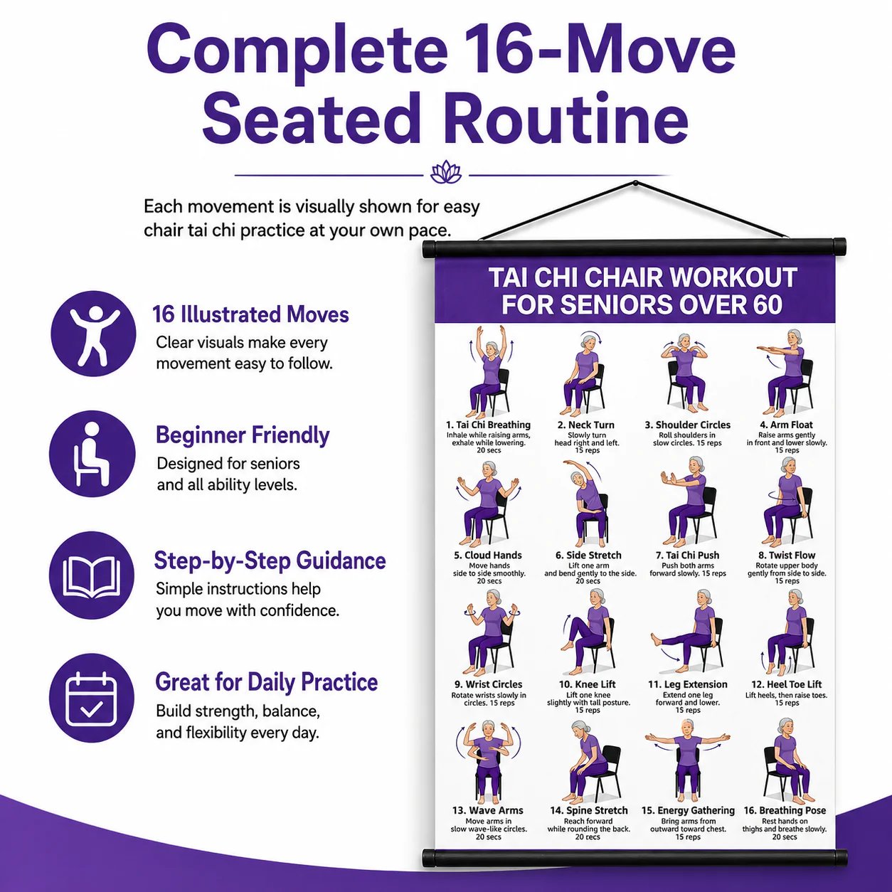 Tai Chi Chair Workout For Seniors Over 60 Chart, Seated Exercises for Beginners and Seniors Poster, Poster
