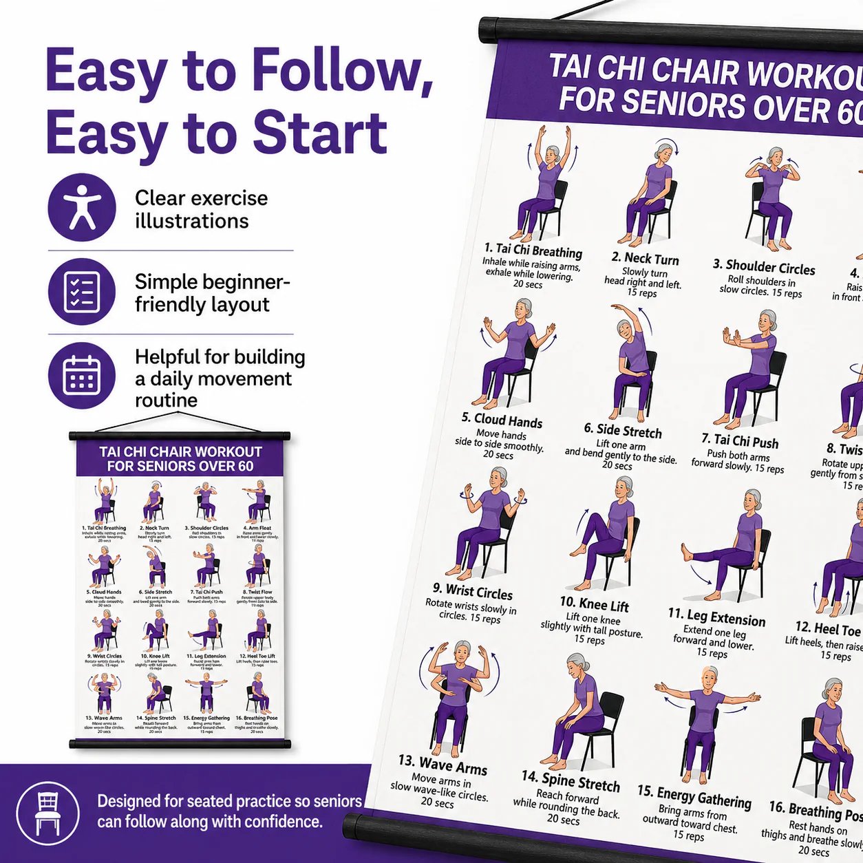 Tai Chi Chair Workout For Seniors Over 60 Chart, Seated Exercises for Beginners and Seniors Poster, Poster