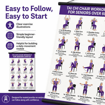 Tai Chi Chair Workout For Seniors Over 60 Chart, Seated Exercises for Beginners and Seniors Poster, Poster