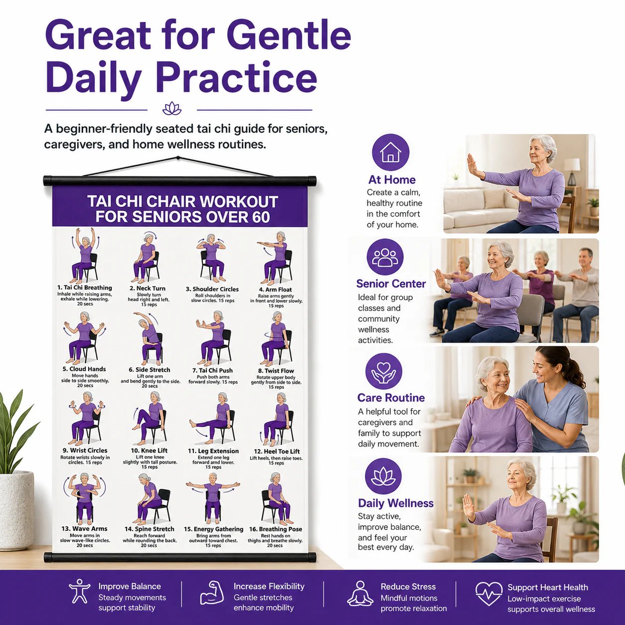 Tai Chi Chair Workout For Seniors Over 60 Chart, Seated Exercises for Beginners and Seniors Poster, Poster