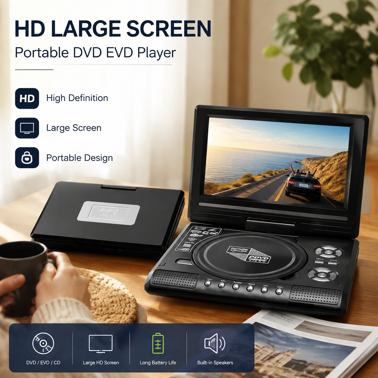 📺 7.8" HD Portable DVD/EVD Player – Large Screen