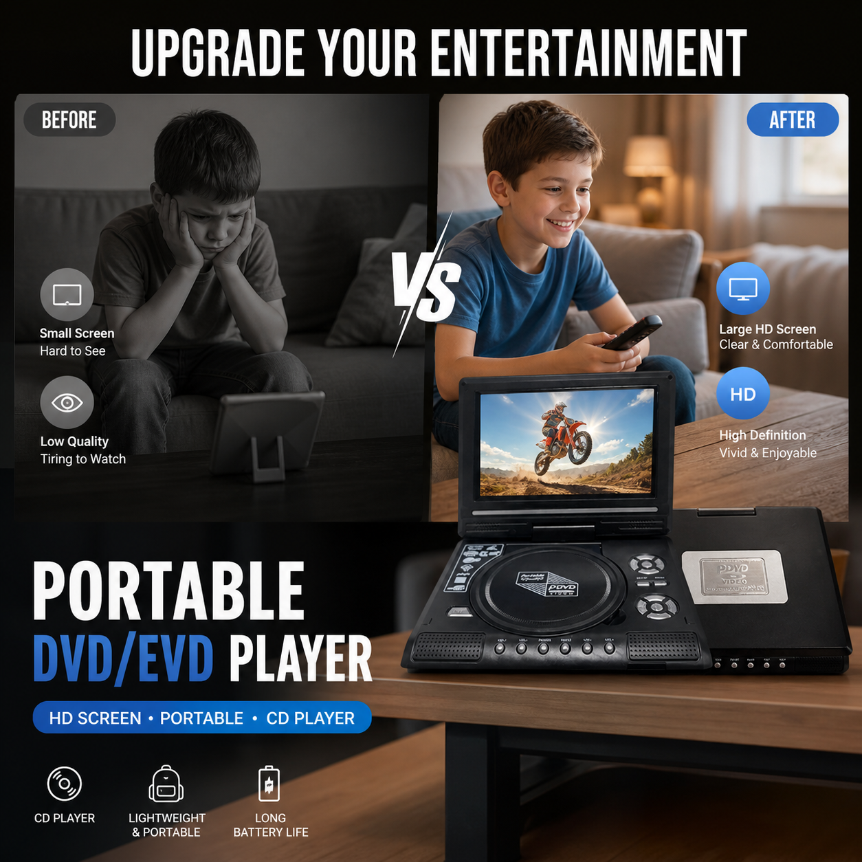 📺 7.8" HD Portable DVD/EVD Player – Large Screen