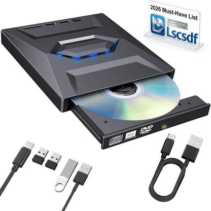 USB 3.0 Type-C External CD/DVD Drive Burner with SD/TF Card Reader & USB Hub