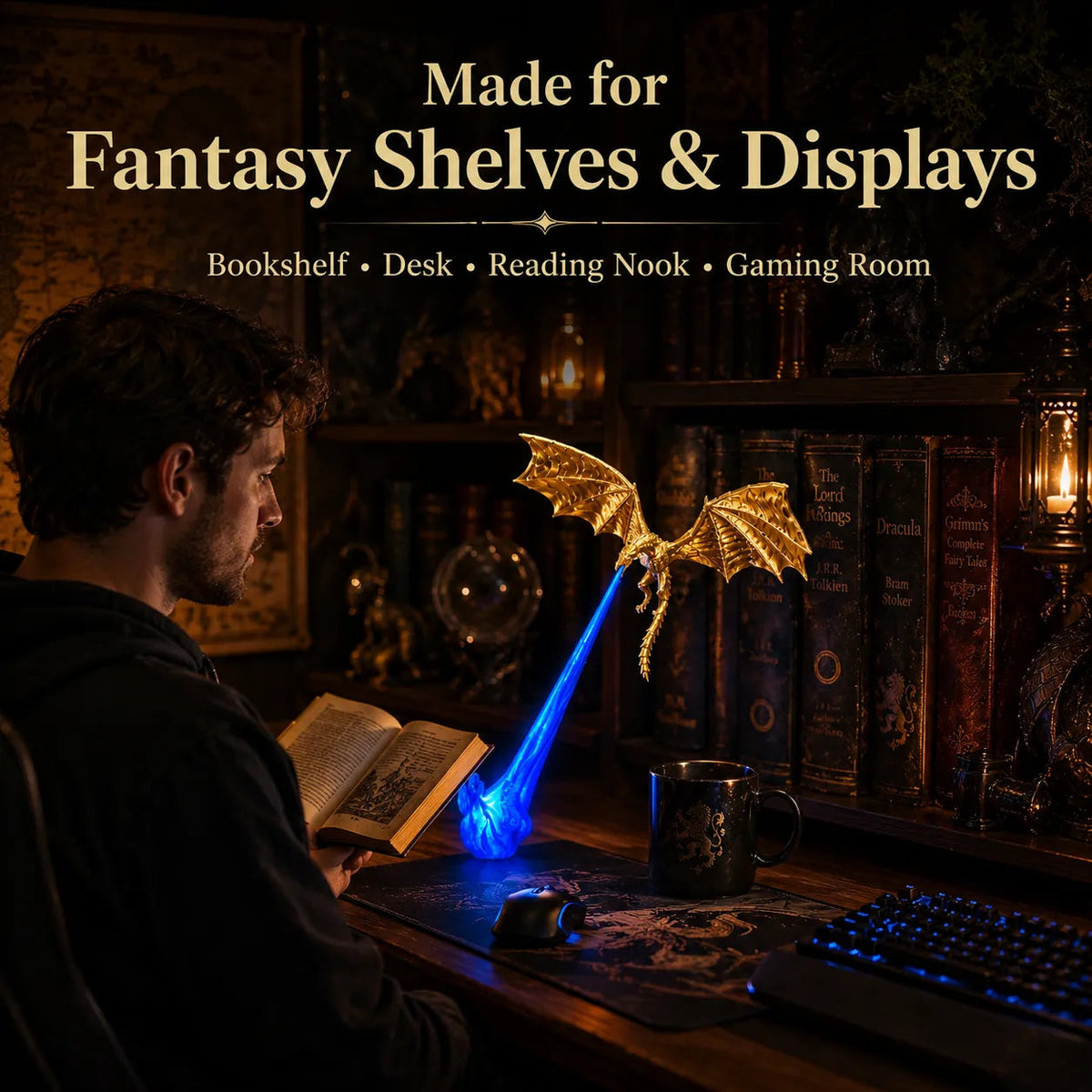 🐉 Dragon Bookshelf Nook Light — 3D Fire-Breathing Fantasy Shelf Decor 🔥