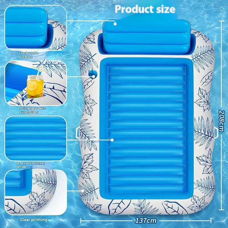 Mart Dual-Inflatable PVC Thickened Backrest Float Bed for Outdoor Water Sports Sunbathing Pool Mattress with Cup Holder
