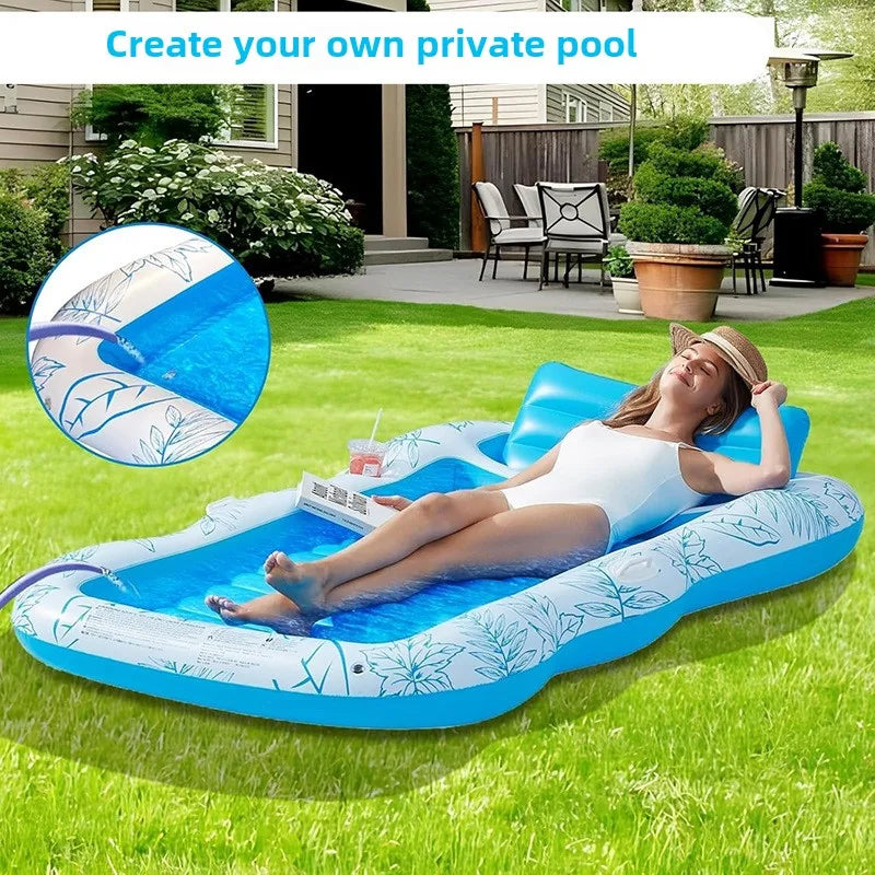 Mart Dual-Inflatable PVC Thickened Backrest Float Bed for Outdoor Water Sports Sunbathing Pool Mattress with Cup Holder