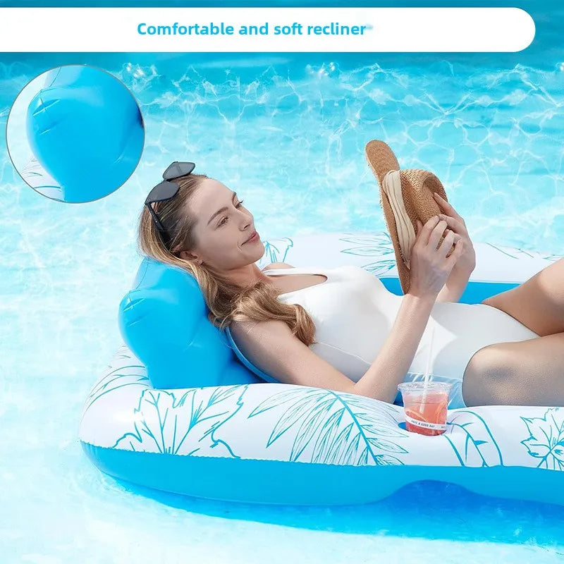 Mart Dual-Inflatable PVC Thickened Backrest Float Bed for Outdoor Water Sports Sunbathing Pool Mattress with Cup Holder