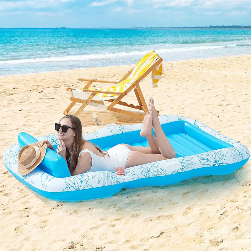 Mart Dual-Inflatable PVC Thickened Backrest Float Bed for Outdoor Water Sports Sunbathing Pool Mattress with Cup Holder